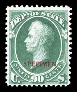 O57S-D to O67S-D, 1c-90c State Dept. special printings, with Specimen ovpt., cplt., without gum as issued, fresh colors, a couple nibbed or scissor separated perfs. as often
found, but overall perforations are much more intact than usual, fine