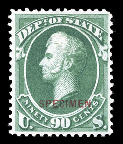 O67S-D, 90c State special printing, with carmine Specimen overprint, without gum as issued, nicely centered, bright color, very fine only 245 sold.