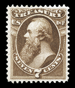 O76, 7c Treasury, an especially choice mint single, being extraordinarily well centered within unusually large and well balanced margins, strong rich color and a crisp
impression, o.g., extremely fine and quite elusive in this premium condition