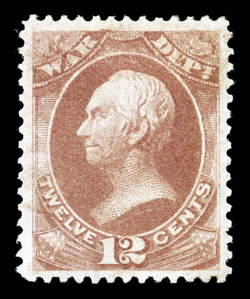 O89, 12c War, a magnificently choice mint example in a quality seldom seen on any of the officials, extraordinary centering within margins which are most extravagant,
luxuriously rich color and a crisp detailed impression, o.g., lightly hinged a