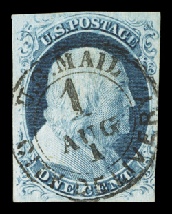 9, 1c Blue, Ty. IV, position 16RL1, full to large margins all around, rich luxuriant color and a highly detailed impression, beautifully cancelled by a perfectly struck U.S.
MailCity Delivery1 New York City carrier c.d.s., extremely fine