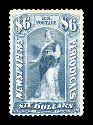 PR73, $6.00 Blue, strong color and impression, o.g., lightly hinged, minute pinhole, otherwise very fine clear 2001 PF certificate.