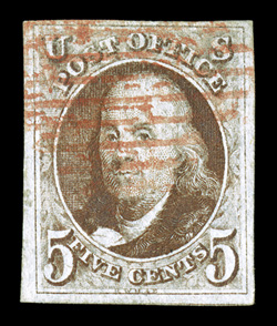 1, 5c Red brown, lovely used single, four large margins, strong color and a fine impression, light red grid cancel, extremely fine 1991 PF certificate.