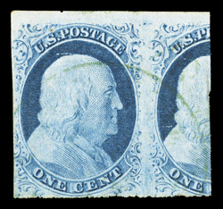 9, 1c Blue, Ty. IV, position 2R1L, with sheet-margin at top and a large portion of the adjoining stamp at right, fresh color, cancelled by a light but very clear green c.d.s., a
couple trivial margin nicks, tiny tear at bottom and faint corn