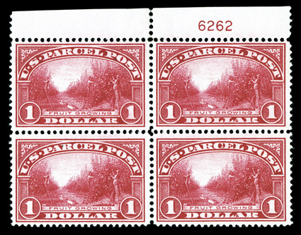 Q12, $1.00 Parcel Post, top margin block of four with plate no. 6262, brilliant color, o.g., lightly hinged, some perf. separations at top, fine-very fine.