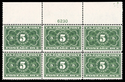 JQ3, 5c Dark green parcel postage due, full top margin plate no. 6230 block of six, nicely centered, rich color, o.g., lightly hinged, a few rejoined perfs. at bottom right,
very fine.