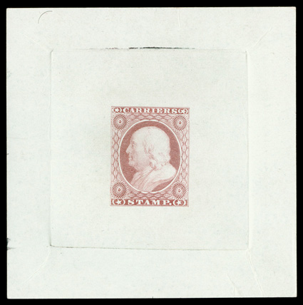 LO1-E2, LO1-E3, 1c Franklin carrier, essay group of five different colors of the vignette (LO1-E2a), two different colors of the finished design on proof paper (LO1-E3a) and
finished design on colored card (LO1-E3b), very fine.