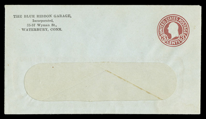 U439g, 3c Carmine on blue, error of color, die 5, size 10, knife 58w, wmk. 19, unused entire with address window and printed return address, very fine and scarce (UPSS
2555).