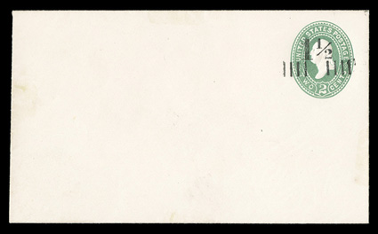 U486, 1½c on 2c Green on white, size 7, knife 31, wmk. 8, mint entire, bright color, a couple faint hinge marks on the front, still a very fine example of this scarce entire,
being even more elusive with the type 8 watermark (UPSS 3078 $2,750.