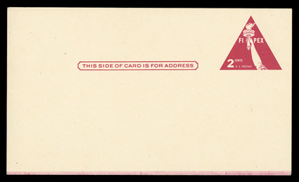 UX44a, 2c Fipex postal card, dark violet blue omitted, fresh mint card of this scarce error, very fine.