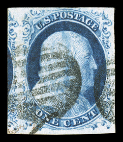 9, 1c Blue, Ty. IV, position 97R1L, recut once at top only, a fabulous quality used single, featuring extraordinarily wide margins including a portion of the adjoining stamp at
left, sumptuously rich color and a well incised impression on fresh