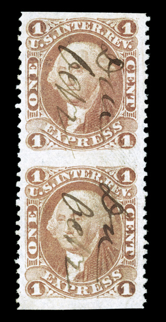 R1b, 1c Express, part perforated, vertical pair, incredibly well centered amid extravagantly large margins, deep rich color, neat manuscript cancels, faint trace of a
horizontal crease at top left, otherwise extremely fine and handsome 2005 PF