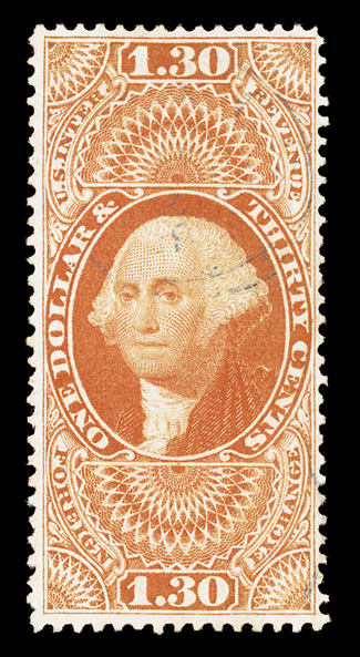 R77c, $1.30 Foreign Exchange, choice used example, attractively centered, deep vibrant color, light strike of a circular handstamp cancel, very fine actually quite scarce to
find in premium condition 2005 PF certificate.