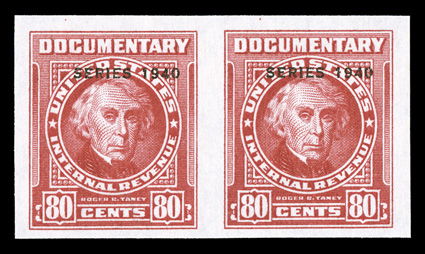 R299a, 80c Carmine with Series 1940 overprint, imperforate, without gum as issued, horizontal pair, very large margins all around, bright and fresh, extremely
fine.