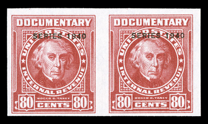 R299a, 80c Carmine with Series 1940 overprint, imperforate, without gum as issued, horizontal pair, full to mostly large margins around, fresh and very fine.