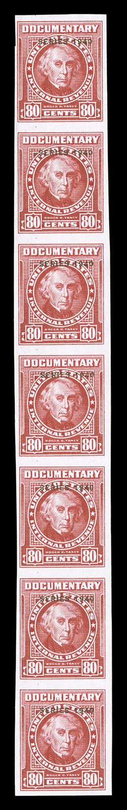 R299a, 80c Carmine with Series 1940 overprint, imperforate, without gum as issued, vertical strip of seven, mostly large margins all around, bright color, very fine cataloged
as three pairs.