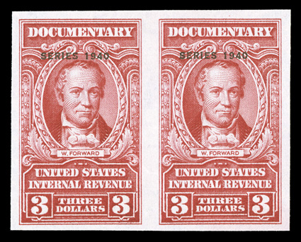 R302a, $3.00 Carmine with Series 1940 overprint, imperforate, without gum as issued, horizontal pair, four large margins, brilliantly fresh, extremely fine and quite
scarce.