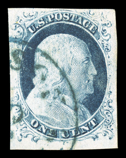 9, 1c Blue, Ty. IV, position 95L1L, recut once at top only, a highly desirable used example, with large margins all around including a sheet margin at bottom, strong color,
light blue c.d.s. town cancel, extremely fine and choice 1995 PSE c
