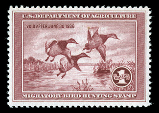 RW2,1935 $1.00 Rose lake, exceedingly well centered within uncommonly large margins, rich fresh color, o.g., n.h., trivial natural inclusion speck, extremely fine clear 2004 PF
certificate and a clear 2005 PSE certificate (XF-Superb 95 SMQ $1,