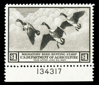 RW3, 1936 $1.00 Brown black, bottom sheet-margin plate no. 134317 single, exceptionally well centered amid uncharacteristically large margins, bright and fresh, pristine o.g.,
n.h., extremely fine a gem plate number example 1990 PF certificate