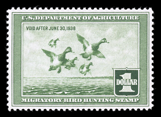 RW4, 1937 $1.00 Light green, very well centered, exceptionally bright and fresh, o.g., n.h., extremely fine 2007 PSE certificate (XF 90 SMQ $580.00).