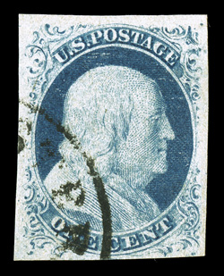 9, 1c Blue, Ty. IV, position 1R1L, recut once at bottom only, large balanced margins, bright color, face-free c.d.s. cancel, extremely fine 1996 PF certificate.