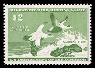 RW24, 1957 $2.00 Emerald, uncharacteristically large and perfectly balanced margins all around, vibrant color, o.g., n.h., extremely fine gem 2009 PSE certificate (Superb 98
SMQ $335.00).