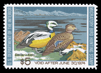 RW40, 1973 $5.00 Multicolored, absolutely perfect centering amid large margins, immaculately fresh, o.g., n.h., superb 2009 PSE certificate (Gem 100 SMQ $230.00) the highest
grade awarded to date.