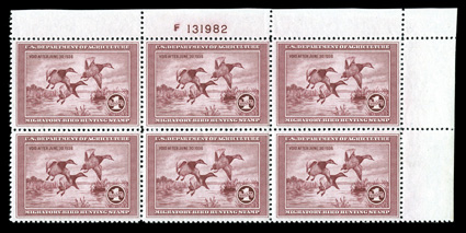RW2,1935 $1.00 Rose lake, top right margin plate no. F131982 block of six, nicely centered and with rich color, plus it is virtually free of the gum bends and skips that plague
early hunting permit plate blocks, o.g., n.h., very fine an attract