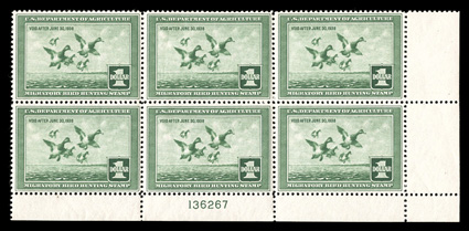 RW4, 1937 $1.00 Light green, bottom right margin plate no. 136267 block of six, strong rich color, well centered, o.g., some light hinge marks, very fine.
