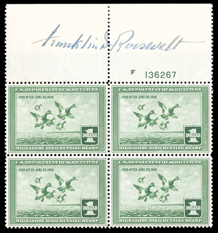 RW4, 1937 $1.00 Light green, top margin block of four with plate no. F136267, signed in the top margin by Franklin D. Roosevelt while president, stamps are well centered and
fresh, o.g., n.h. (hinged in the ungummed selvage only), very fine