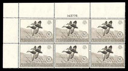 RW7, 1940 $1.00 Sepia, top left margin plate no. 143776 block of six, well centered, rich color, o.g., n.h., with virtually none of the gum bends and skips that affect most,
very fine.