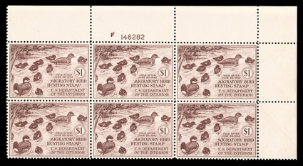 RW8, 1941 $1.00 Brown carmine, top right margin plate no. F146282 block of six, well centered (particularly the right four stamps), bright and fresh, o.g., n.h., 1mm short gum
line at top mentioned only for strict accuracy, very fine.
