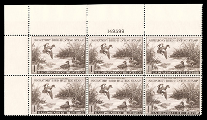RW9, 1942 $1.00 Violet brown, a lovely fresh top left margin plate no. 149599 block of six, well centered, rich color, o.g., n.h., very fine.