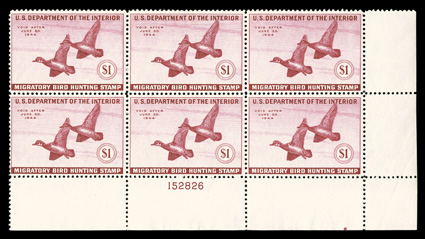 RW10, 1943 $1.00 Deep rose, bottom right margin plate no. 152826 block of six, nicely centered, bright and fresh, o.g., n.h., very fine.