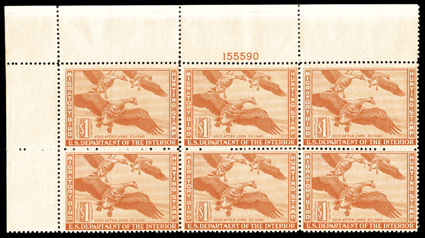 RW11, 1944 $1.00 Red orange, top left margin plate no. 155590 block of six, vivid color, o.g., n.h., a few gum skips, tiny corner crease in the top left margin, fine-very
fine.