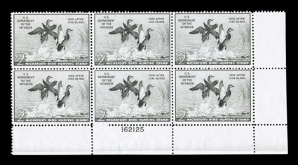 RW18, 1951 $2.00 Gray black, bottom right margin plate no. 162125 block of six, strong color, o.g., n.h., fine.