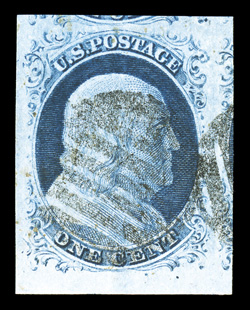9 var, 1c Blue, Ty. IV, Triple transfer, one inverted, position 91L1L, incredibly huge margins including a bottom sheet margins and parts of the adjoining stamps at top and
right, beautiful rich color and a sharp detailed impression on fresh pap