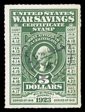 WS3, $5.00 Deep green, rouletted 7, an incredibly choice used example, not only is this stamp fabulously well centered and with brilliantly rich color, but it is also
noteworthy for possessing a handstamp and light ms. cancel, which is unlike th