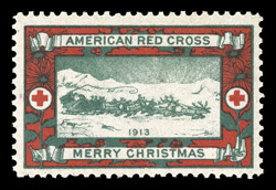 WX11, 1913 Christmas Seal, Type I, an impressive mint example of this rare and key Christmas Seal, well centered within exceptionally large margins, deep vibrant colors, o.g.,
lightly hinged, extremely this is actually one of the most elusive s