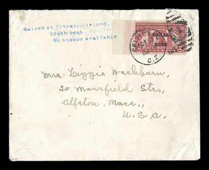 Fascinating cover originating in the Pitcairn Islands, with 2c Sesquicentennial Exposition stamp (96) tied by both a CristobalOct 30 25C.Z. duplex and Mailed at Pitcairn
Islands,South Seas.No stamps available three line blue cachet,
