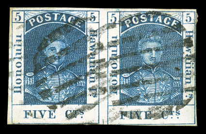 5, 5c Blue, thick white wove paper, positions 18-19, used horizontal pair, large margins to just touching the frame line at bottom, deep color and a prooflike impression,
seven-bar grid cancel, some paper from the original cover still adhering t