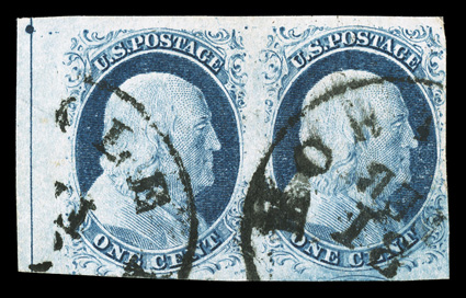 9, 1c Blue, Ty. IV, horizontal left sheet-margin pair, positions 1-2R, with straddle guide line in left margin, extra-large margins around except a little close at right, deep
color, c.d.s. cancels, very fine-extremely fine, with the left stamp