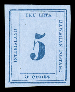 22, 5c Blue on bluish, Plate 12-A, Type VII, Position 4, large balanced margins all around, strong paper color and impression, large part original gum, small owners handstamp
on reverse does not show through, extremely fine.
