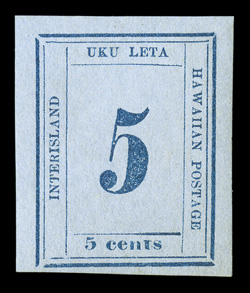 22, 5c Blue on bluish, Plate 12-A, Type III, Position 8, four full to mostly very large margins, uncommonly fresh, full original gum (scarce thus), minor h.r., very
fine.