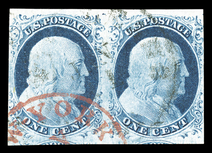 9, 1c Blue, Ty. IV, horizontal pair, positions 5-6L1L, the left stamp recut twice at bottom only, the right stamp recut once at bottom only, huge margins at top and bottom,
barely touching at sides, rich color in a dark shade, light black c.d.s.
