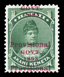 55d, 1c Green Provisional Govt. overprint, double overprint, both overprints strong with the second split, well centered, rich color, o.g., small thin spot, very fine
appearance a scarce error.