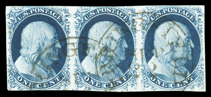 9, 1c Blue, Ty. IV, horizontal strip of three, beautiful color that is incredibly deep and rich, in addition it possesses a stunning prooflike impression on immaculate white
paper, full margins around except just touching the top of the left two
