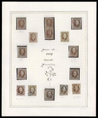 19th Century valuable collection in a single album, with scarce, rare and specialized material to be found throughout, strength in the 1847 Issue, including 24 Five Cent
values, including a sheet-margin single, a pair, one with Binghamton herring