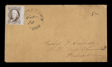 1, 5c Brown, right sheet-margin example tied to cover by Downington, Penn. c.d.s. with manuscript date, other three margins large, strong rich color in the brown shade, crisp
impression as well, stamp with a tiny pre-printing wrinkle (correctly